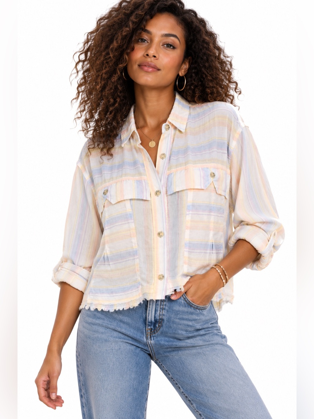 Urban Outfitters BDG Cotton Pastel Striped Button Down Cropped Front Shirt